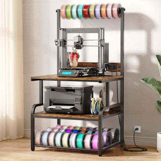 3D Printer Stand with Power Hub and Top Storage Shelf – Heavy Duty X-Bracket Stability, 3-Tier Storage & Tool Organizer for Workshop and Office