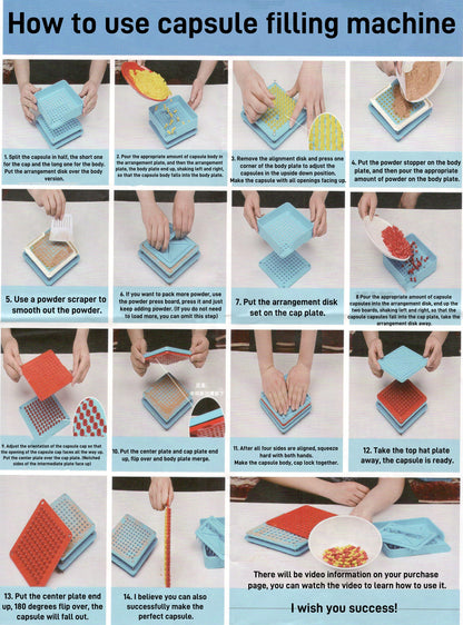 Special offer in the US - 100-capsule filler, suitable for 000# capsule shells, equipped with a cleaning brush, and comes with instructions for use.